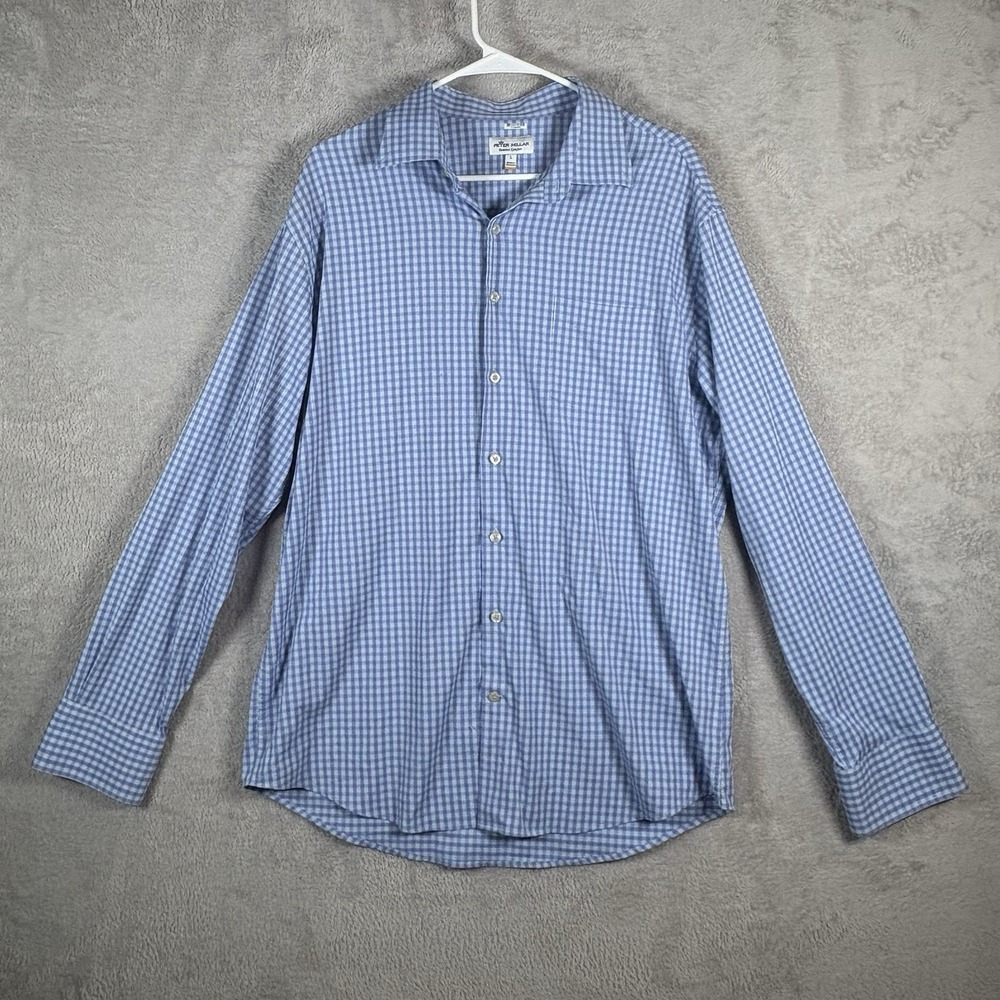 Peter Millar‎ Summer Comfort Shirt Long Sleeve Button Up Mens Large Blue Plaid
